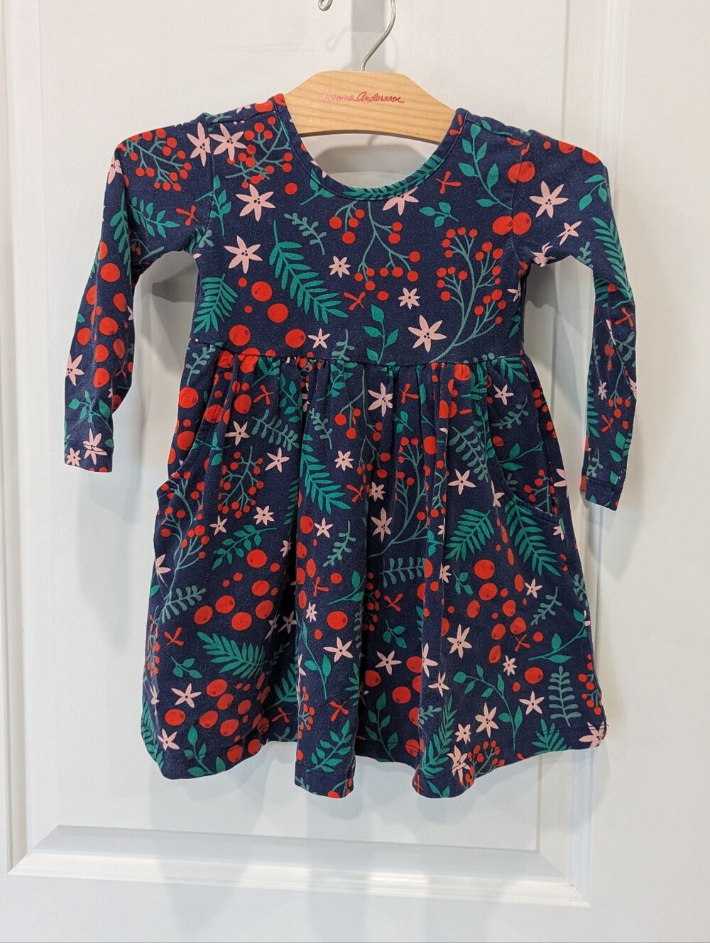 Hanna Andersson Kids Dress Winter Berries Red Navy Blue Cotton Girls Size 3T 90 - Picture 2 of 6